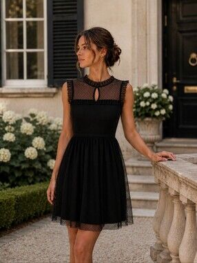 Xhilaration Black Swiss Dot Mesh Dress Sleeveless Ruffle Sheer Overlay Size M